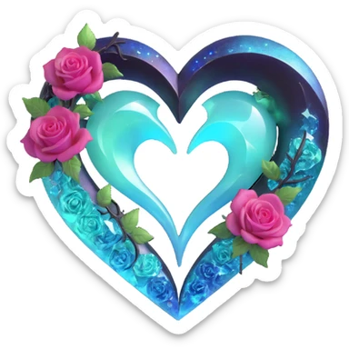 gothic heart made of aurora glass, silver crescent moon, gradient roses, holographic stardust, neon teal lightning, drenched and splintered glass sticker