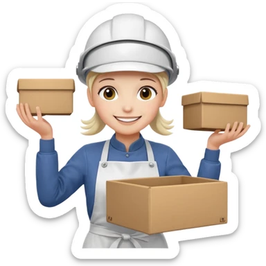 Tengo que dar una capacitacion de orgonomia, necesito un emoji de un operario con casco blanco y delantal blanco de manga larga que levante una caja cerrada con las dos manos a la altura de los hombros sticker