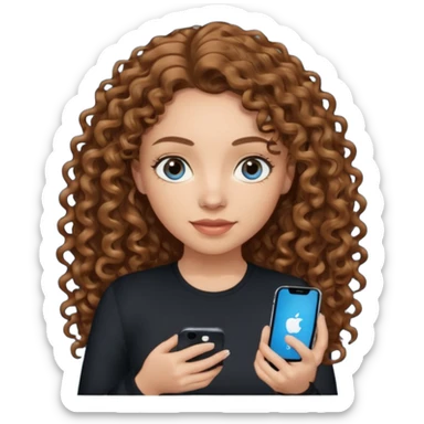 generate a pretty woman with blue eyes, light skin and medium brown long curly shiny hair holding an iphone she is looking at the phone and holding it in her hand. she is wearing an ALL black long sleeve sticker