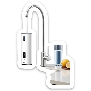 “A slim countertop direct-flow water purifier without water tank, minimal white design with a single faucet, standing on a kitchen counter, soft lighting, modern style” sticker
