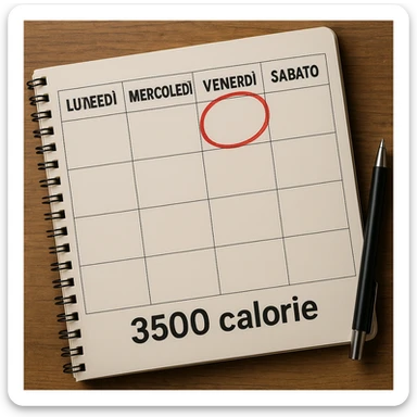 A hyperrealistic weekly calendar viewed from above in Italian, showing days from Monday to Sunday. Friday is circled in red. Below Sunday, the text '3500 calorie' is clearly visible. The image has 4K details and a desk atmosphere. sticker