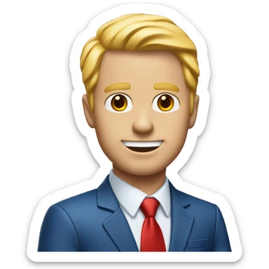 White guy with blond hair and orangish skin wearing a blue suit and red tie. One of his ears has ketchup on it sticker