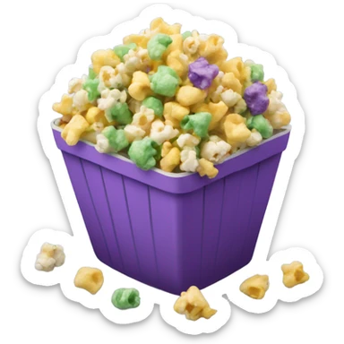 Realistic pieces of purple yellow and green popcorn pieces mixed together in a popcorn container.  sticker