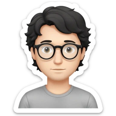 Young caucasian man with black wavy hair, round glasses, simple grey t-shirt sticker
