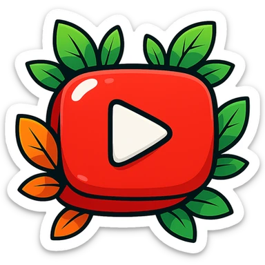Super plump, smooth YouTube logo, vibrant toon style, thick black outline, expressive solid shadows, glossy highlights, surrounded by bright leaves, no background. Emphasize rounded shapes, contours, and shine, matching the reference style, but keep the look flat and drawn. sticker