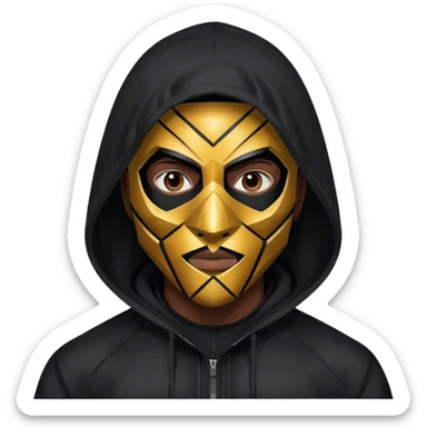 man with black hooded jacket and a full-black full-face geometric mask sticker