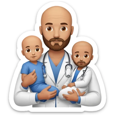 Muscular bald doctor with brown beard holding 3 sons sticker