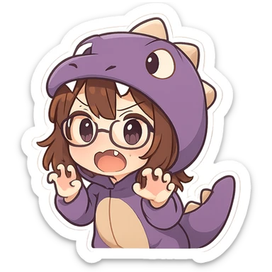 Chibi anime style girl with glasses, brown hair, dark purple eyes, wearing a purple dinosaur costume, surprised expression, clawing the air with her hands, showing her teeth, no controller, no background. sticker