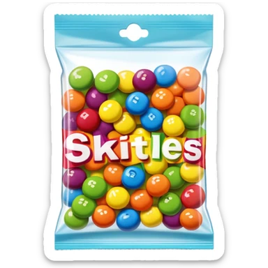 A Skittles candy package with multiple pieces of transparent tape holding it closed, rainbow colored packaging, minimalist style sticker