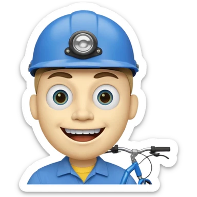 A round head puppet with 2 buck teeth a blue bike helmet and a round nose with a pencil in it also he has a unibrow and blue eyes and a yellow shirt that says jeffy sticker