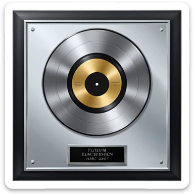 A platinum music award plaque: a square, polished platinum plate with a subtly textured, mirror-like finish, mounted on a simple dark metal base. The center features a relief of a or stylized vinyl record in a slightly darker metallic tone.  sticker