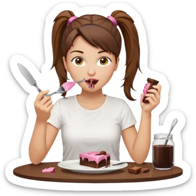 yellow-skinned woman with brown hair in a ponytail, wearing a white T-shirt. She’s sitting at a table, licking chocolate off a knife and holding a 'Banado' jar. On the table: a plate with crumbs, a fork, a glass of dark drink, and a pink lid. Simple brown background. sticker