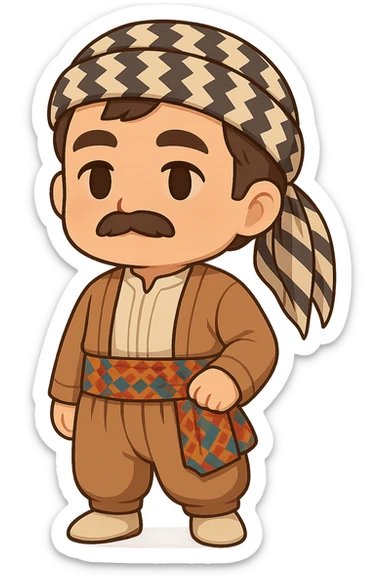Create a chibi Kurdish cartoon sticker based on the reference image, showing a neutral (calm) expression, with a transparent background. sticker