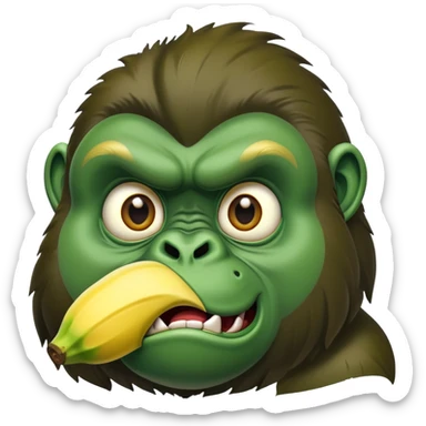 A cartoon banana with a forest green gorilla face, big nostrils and menacing expression sticker