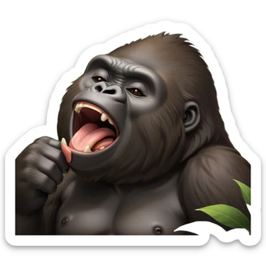 Cinematic Cute Yawning Gorilla Portrait Emoji, Head tilted slightly with a dramatic, wide-open yawn, showcasing a thick, velvety Fur with drowsy, half-closed eyes and a relaxed, open expression, Simplified yet irresistibly adorable features, highly detailed, glowing with a soft, cozy jungle glow, high shine, relaxed yet expressive, stylized with a dash of whimsical primate charm, soft glowing outline, capturing the essence of a drowsy yet affectionate guardian that appears ready to stretch out for a nap! sticker
