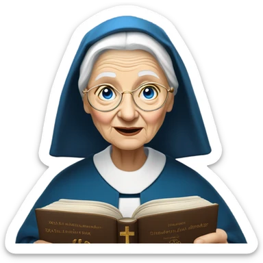Really old woman who is white and has bright saphire blue eye colour and has some wrinkles on her face and her neck and she has golden blonde wringlets  lots and lots of them and she is a nun reading the holy Bible scriptures to herself  sticker