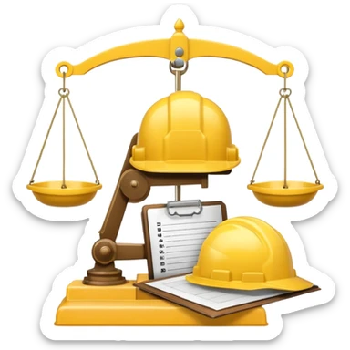 Image of a justice scale with a construction helmet on one side and a folder on the other. sticker
