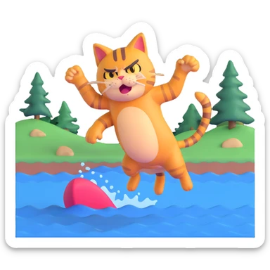 angry cat with a hat jumping into a lake sticker