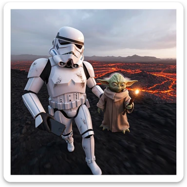 Camera POV, Starwars stormtroopers vlogging selfie, he is walking on lava planet with yoda sticker