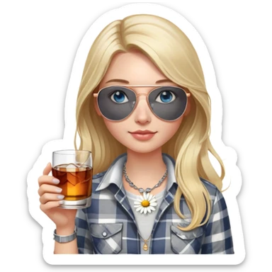 girl
blue eyes
long blond hair with daisy in it
wearing grey/white plaid shirt
wearing aviator sunglasses
wearing silver necklace around her neck
holding a glass of whiskey 
wearing rose gold apple watch  sticker