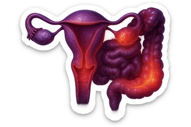 utero umano anatomico iperrealistico e intestino umano anatomico iperrealistico hanno in comune il dolore e l'infiammazione, rendi bene il collegamento tra i due organi doloranti, falla iperrealistica, non disegnata, fai colori che si adattano a questo viola #971ef1 sticker