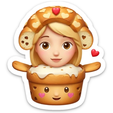 Apple-style emoji illustration of a cute face with dreamy eyes hugging a traditional panettone, small hearts floating around, soft 3D emoji style, smooth gradients, rounded shapes, warm festive colors, simple expression, centered composition, transparent background, no text. sticker