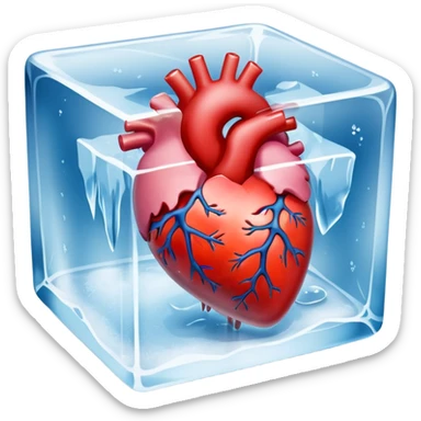 Ultra-realistic photo of a human heart frozen inside a clear ice cube, sharp details, icy texture, frost on the surface, studio lighting, 8k resolution sticker