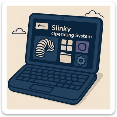 Show a modern laptop displaying the Slinky Operating System in dark mode, keeping the style fun and colorful with a vibrant look. sticker