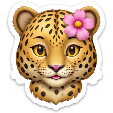 A leopard with peaceful smile, A pink flower with a yellow center is tucked behind its right ear
 sticker