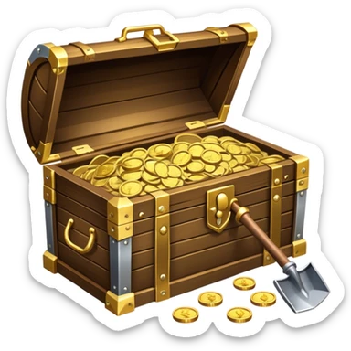 An icon featuring a treasure chest partially open, revealing gold coins and jewels. A metal detector and a shovel are nearby, symbolizing the excitement of treasure hunting. The design evokes adventure, exploration, and the thrill of discovering hidden treasures. transparent background. sticker