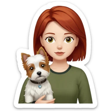 Westhighland white terrier dog being held by woman with dark shoulder length red hair and hazel eye wearing olive green top sticker