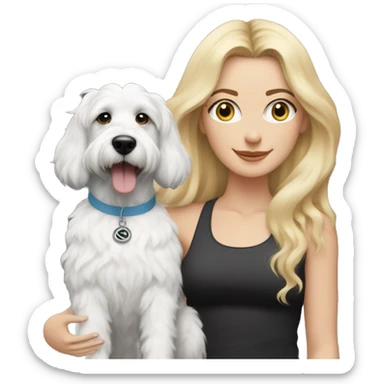 white woman with long blonde hair and cat shaped eyes wearing a yoga outfit standing alongside a black and white colored bernadoodle dog sticker
