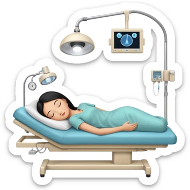 A female patient with black hair lying on an examination bed, head on a pillow and eyes closed, shown in a wide, full-body view in a clean colonoscopy procedure room. No medical staff visible. sticker