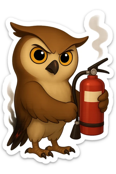 Точно такая же картинка и поза, только в другом крыле сова держит огнетушитель, хвост совы слегка подгорел и от него идет дымок, прозрачный фон sticker
