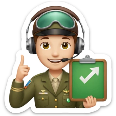 Slack-style emoji of a pilot wearing holding a green board with a white check mark sticker