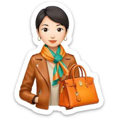 Mature asian woman wearing a leather Hermes jacket and a multicolored silk scarf around her neck. She has an orange Hermes Birkin Bag. I want the image to be close up, starting from the waist up.  sticker
