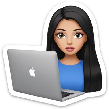 Glamours, tanned, very beautiful girl, with big pump peach-beige-rose lips, eyeliner, long long lashes, black straight smooth silky long hair, straight parting hair, blue-grey eyes with macbook sticker
