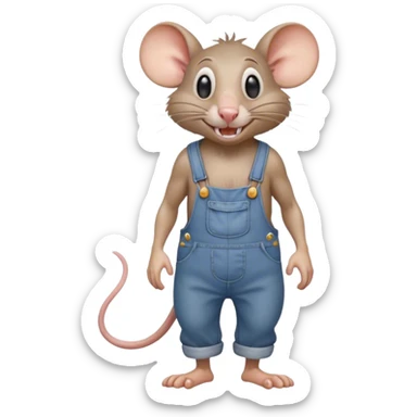 dizzy cartoon hillbilly rat wearing overalls no shirt. standing and talking full body. human eyes. teeth showing talking. walking talking moving arms sticker