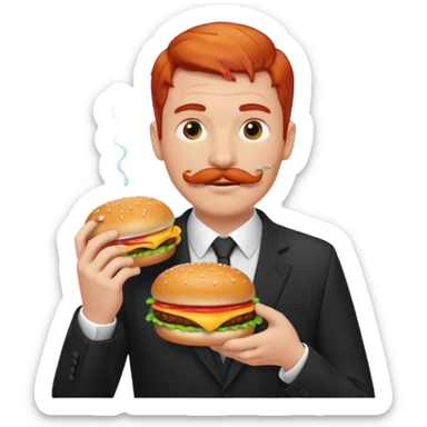 red haired with mustace male wearing suit eating hamburger sticker