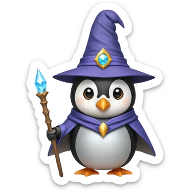penguin dressed as a wizard with a pointy hat and a magic staff, fun emoji style sticker