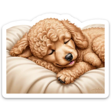 Meme-Worthy Cute Sleeping Apricot Poodle Portrait Emoji, Head resting peacefully with a contented smile, showcasing a delightfully elegant build and a luxuriously soft, curly apricot Fur, eyes shut in a serene nap, Simplified yet hilariously adorable features, highly detailed, glowing with a soft, drowsy light, high shine, relaxed and utterly lovable, stylized with an air of playful laziness, bright and heartwarming, soft glowing outline, capturing the essence of a comically sleepy companion, so meme-worthy it feels like it could instantly become the next viral sensation of adorable slumber! sticker