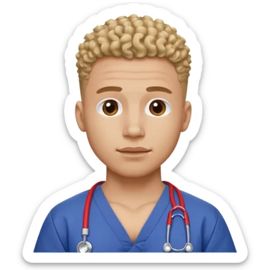 Ripped, athletic man with thick neck, high top fade with no part, curly hair only top only, no shirt and show waistline up add scrubs sticker