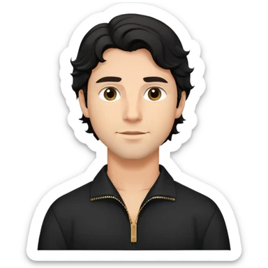 Caucasian man with black wavy hair wearing a loose-fitting long sleeve black shirt with collar and zip to the chest sticker