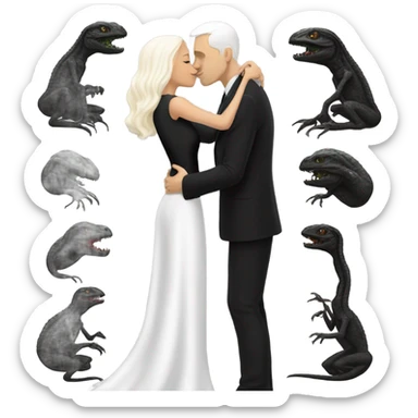 White man in black dress hugs and kissing Alien reptilian woman in white dress  sticker