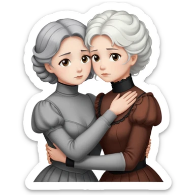 Two Victorian women with grey eyes in a sad, intimate hug. One has bright white coiffed hair, one has dark copper coiffed hair. Both wearing Victorian turtleneck dresses with arms tightly around each other. sticker