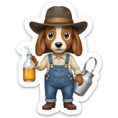 toothless hillbilly basset hound wearing a stetson and dungarees carrying moonshine sticker