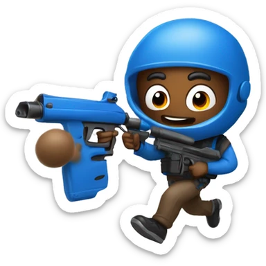brown skin man running with paintball gun in hand wearing blue  sticker