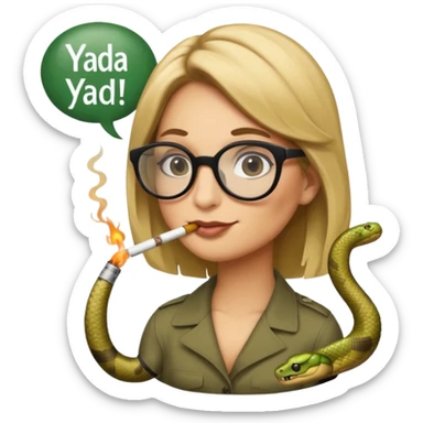 can you create a sneaky bitch SNAKE with big glasses smoking a cigarrette? the SNAKE needs to have dirty blonde hair
can you add a text baloon saying "YADA YADA" - it's a snake emoji sticker