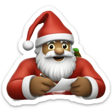 German Santa Claus is sitting on a desk, writing something down on a sheet of paper, solving complicated math puzzles sticker