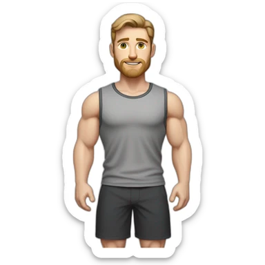 Full height Pale skinned fit man With biceps, Realistic eyes and mouth, light brown hair and stubble In dark gray sleeveless mike, black oversize sports shorts, watch and white sneakers. sticker